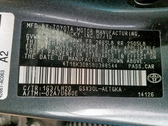 4T1BK3DB5BU388544 - 2011 TOYOTA AVALON BAS GRAY photo 10