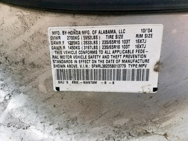 5FNRL38205B013779 - 2005 HONDA ODYSSEY LX SILVER photo 10