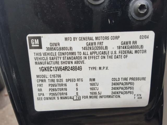 1GKEC13V64R248849 - 2004 GMC YUKON BLACK photo 10