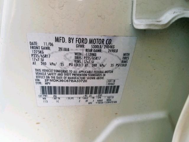 2FMDK36C67BA33720 - 2007 FORD EDGE SE WHITE photo 10