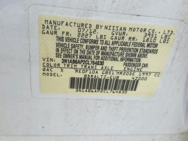 3N1AB6AP2CL764830 - 2012 NISSAN SENTRA 2.0 WHITE photo 10