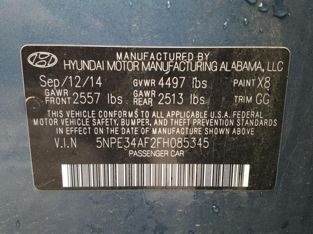 5NPE34AF2FH085345 - 2015 HYUNDAI SONATA SPO BLUE photo 10