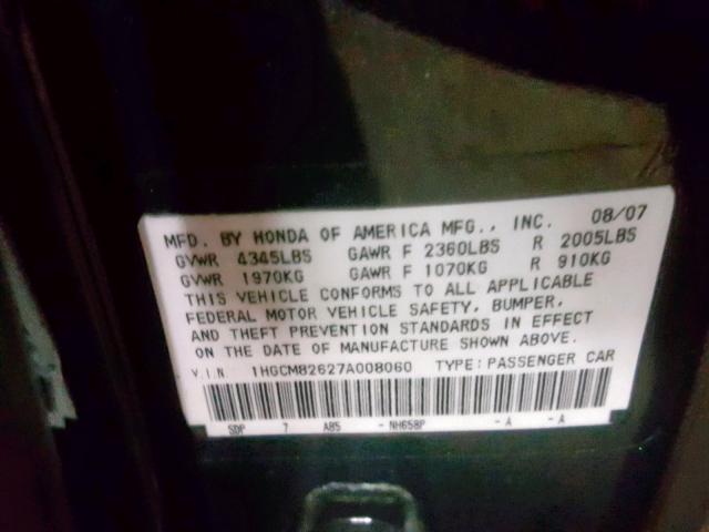 1HGCM82627A008060 - 2007 HONDA ACCORD EX GRAY photo 10