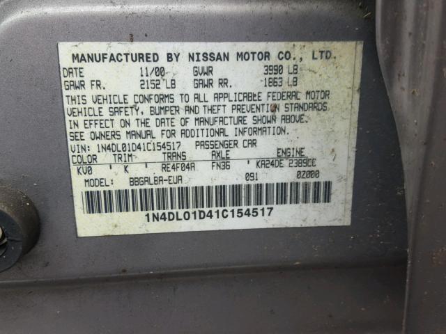 1N4DL01D41C154517 - 2001 NISSAN ALTIMA XE SILVER photo 10