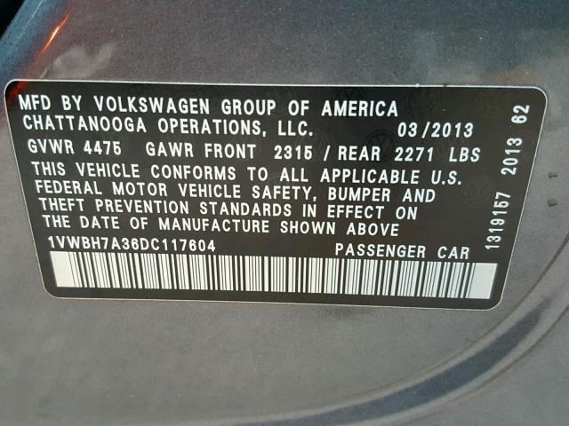 1VWBH7A36DC117604 - 2013 VOLKSWAGEN PASSAT SE GRAY photo 10