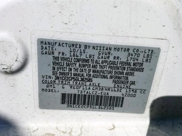 3N1CE2CP5GL362585 - 2016 NISSAN VERSA NOTE WHITE photo 10