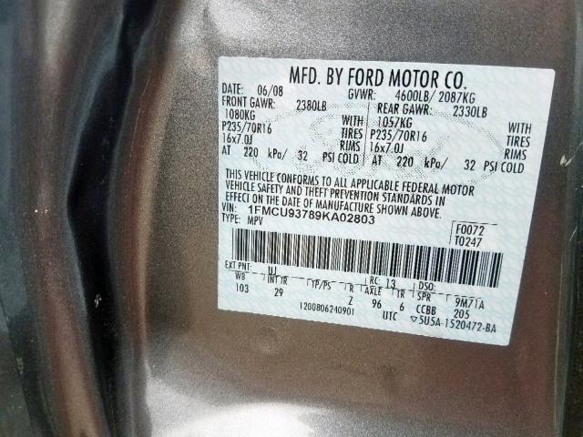 1FMCU93789KA02803 - 2009 FORD ESCAPE XLT GRAY photo 10