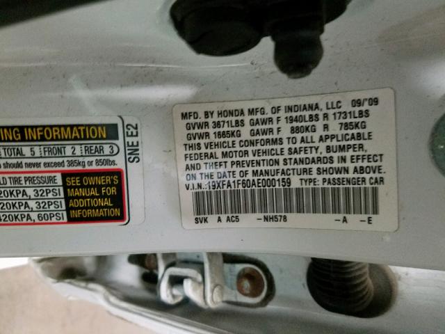 19XFA1F60AE000159 - 2010 HONDA CIVIC LX-S WHITE photo 10