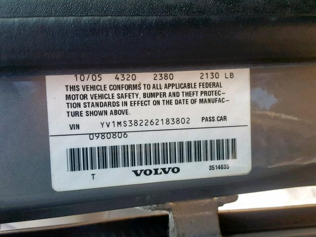 YV1MS382262183802 - 2006 VOLVO S40 2.4I GRAY photo 10