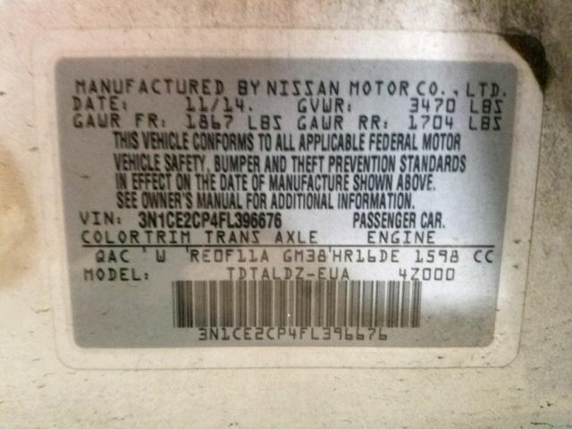 3N1CE2CP4FL396676 - 2015 NISSAN VERSA NOTE WHITE photo 10