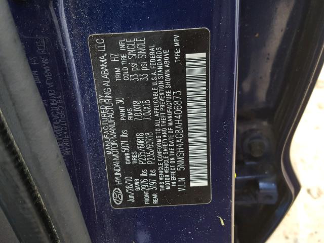 5NMSH4AG8AH406873 - 2010 HYUNDAI SANTA FE S BLUE photo 10