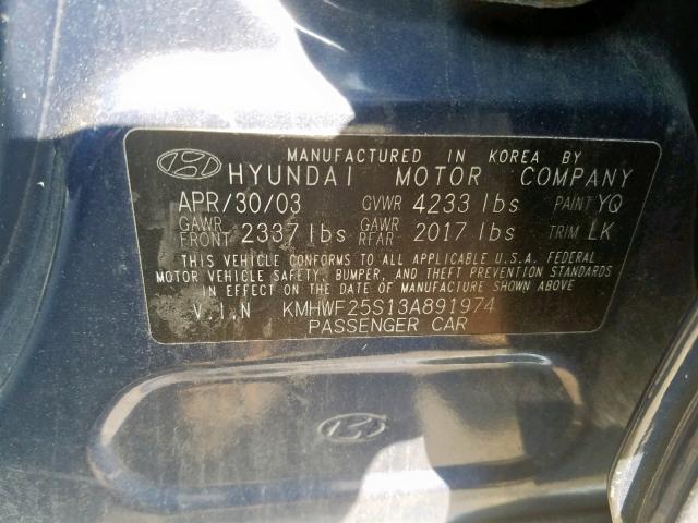 KMHWF25S13A891974 - 2003 HYUNDAI SONATA GL BLUE photo 10