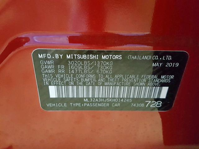 ML32A3HJ5KH014245 - 2019 MITSUBISHI MIRAGE ES RED photo 10