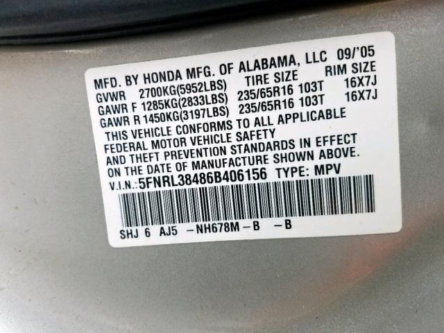 5FNRL38486B406156 - 2006 HONDA ODYSSEY EX SILVER photo 10