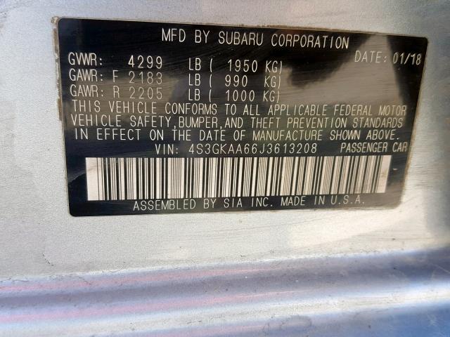 4S3GKAA66J3613208 - 2018 SUBARU IMPREZA SILVER photo 10