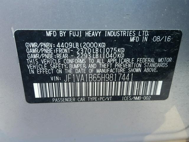 JF1VA1B65H9817441 - 2017 SUBARU WRX SILVER photo 10