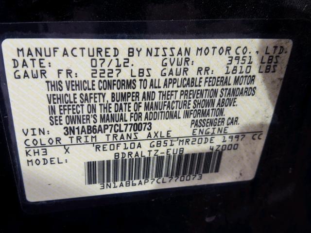 3N1AB6AP7CL770073 - 2012 NISSAN SENTRA 2.0 BLACK photo 10