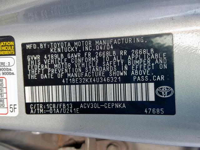 4T1BE32KX4U346321 - 2004 TOYOTA CAMRY LE SILVER photo 10