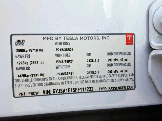 5YJSA1E15FF111232 - 2015 TESLA MODEL S WHITE photo 10