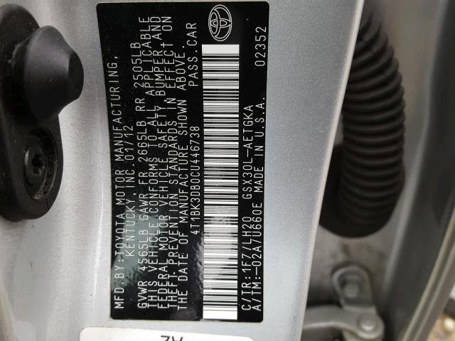 4T1BK3DB0CU446738 - 2012 TOYOTA AVALON BAS SILVER photo 10