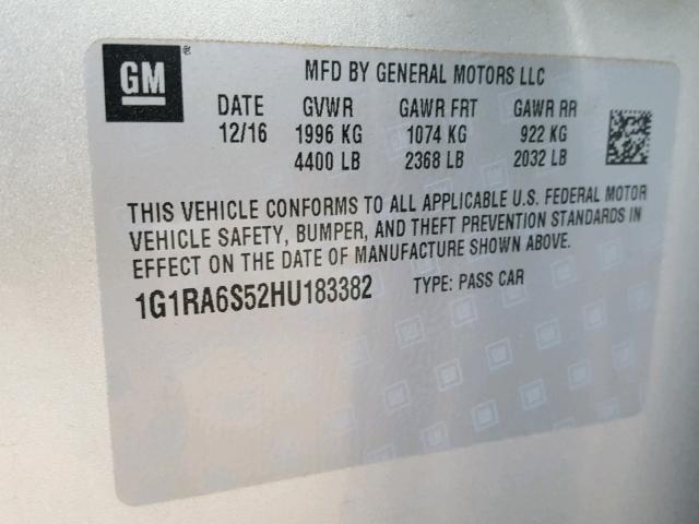 1G1RA6S52HU183382 - 2017 CHEVROLET VOLT LT SILVER photo 10