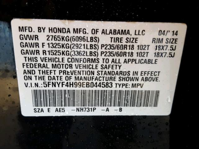 5FNYF4H99EB044583 - 2014 HONDA PILOT TOUR BLACK photo 10