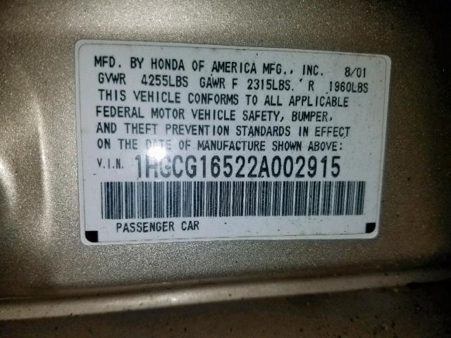 1HGCG16522A002915 - 2002 HONDA ACCORD EX GOLD photo 10