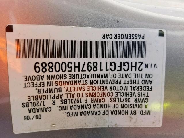 2HGFG11897H500889 - 2007 HONDA CIVIC EX SILVER photo 10