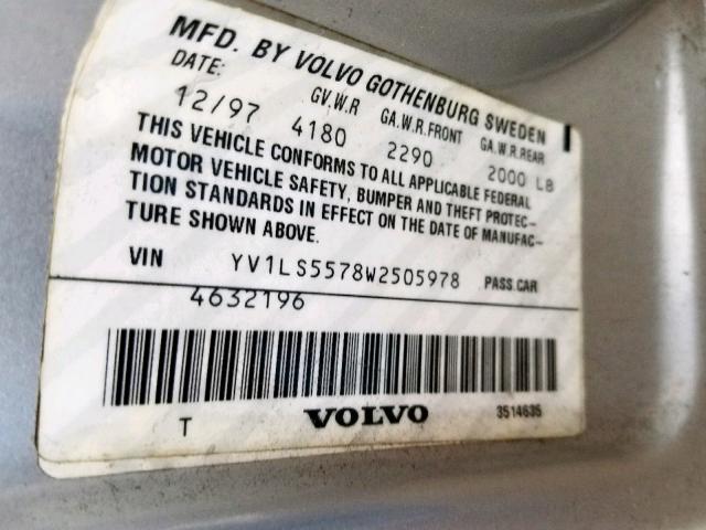 YV1LS5578W2505978 - 1998 VOLVO S70 GRAY photo 10