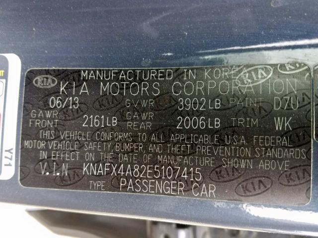 KNAFX4A82E5107415 - 2014 KIA FORTE EX GRAY photo 10