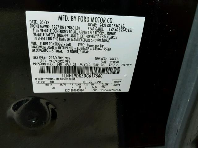 1LNHL9DK5DG617560 - 2013 LINCOLN MKS BLACK photo 10