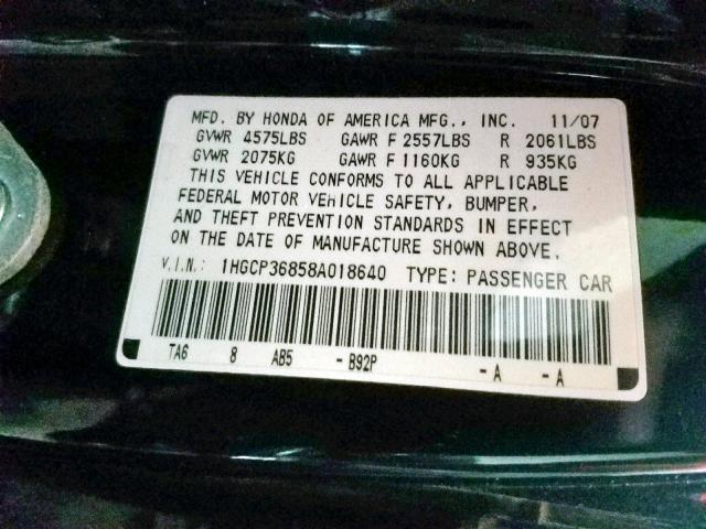 1HGCP36858A018640 - 2008 HONDA ACCORD EXL BLACK photo 10