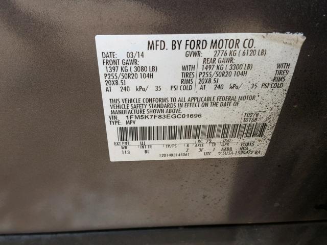 1FM5K7F83EGC01696 - 2014 FORD EXPLORER L GRAY photo 10