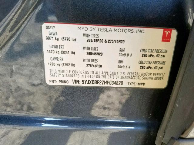 5YJXCBE27HF034820 - 2017 TESLA MODEL X GRAY photo 10