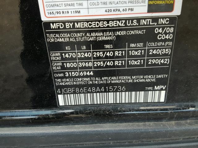 4JGBF86E48A415736 - 2008 MERCEDES-BENZ GL 550 4MA BLACK photo 10