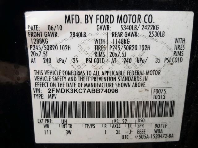 2FMDK3KC7ABB74096 - 2010 FORD EDGE LIMIT BLACK photo 10