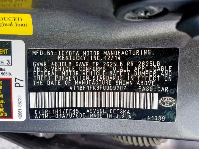 4T1BF1FK8FU009287 - 2015 TOYOTA CAMRY LE SILVER photo 10