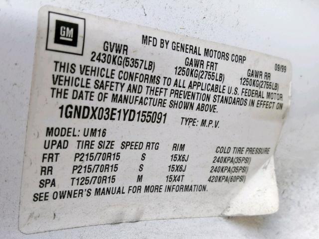 1GNDX03E1YD155091 - 2000 CHEVROLET VENTURE WHITE photo 10