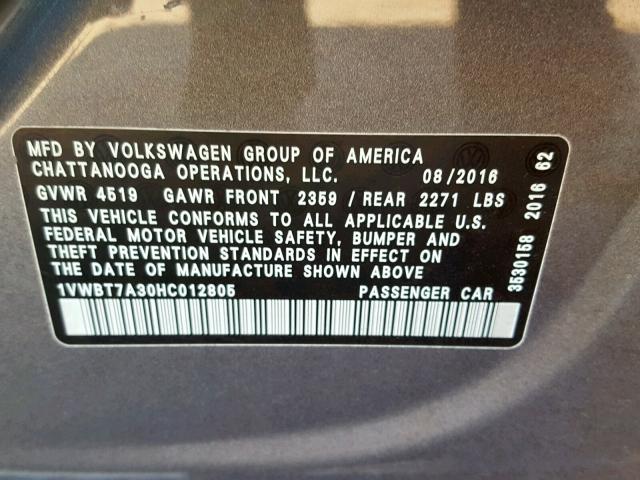 1VWBT7A30HC012805 - 2017 VOLKSWAGEN PASSAT SE GRAY photo 10