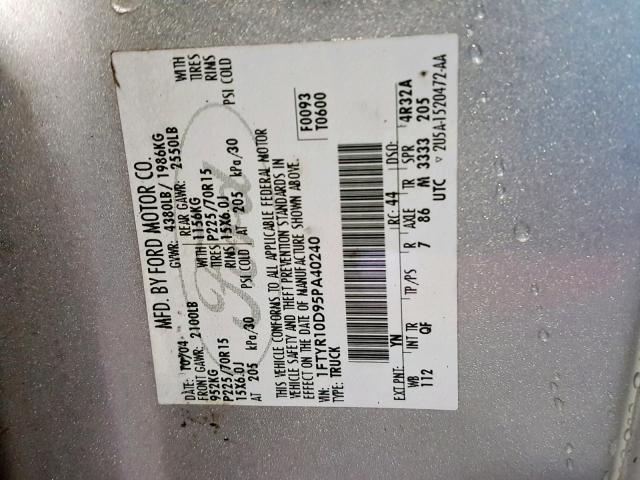 1FTYR10D95PA40240 - 2005 FORD RANGER SILVER photo 10