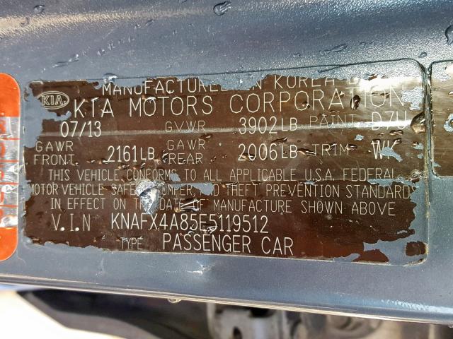 KNAFX4A85E5119512 - 2014 KIA FORTE EX GRAY photo 10