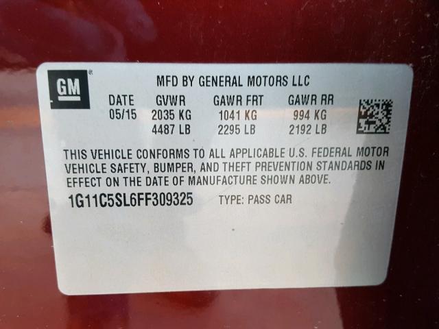 1G11C5SL6FF309325 - 2015 CHEVROLET MALIBU 1LT ბურგუნდია ფოტო 10