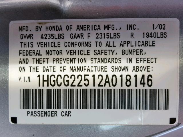 1HGCG22512A018146 - 2002 HONDA ACCORD EX SILVER photo 10