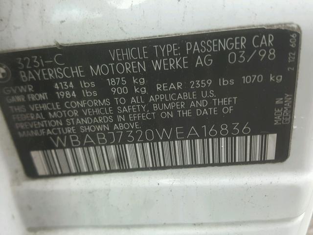 WBABJ7320WEA16836 - 1998 BMW 323 IC WHITE photo 10