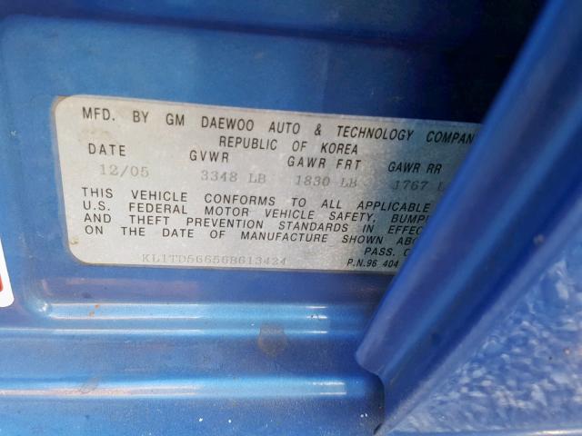 KL1TD56656B613424 - 2006 CHEVROLET AVEO BASE Mavi foto 10