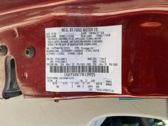 1FAFP34N77W139925 - 2007 FORD FOCUS ZX4 RED photo 10