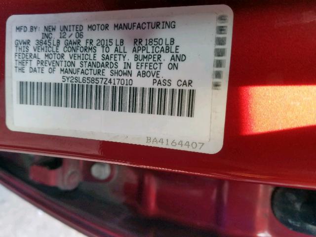 5Y2SL65857Z417010 - 2007 PONTIAC VIBE RED photo 10