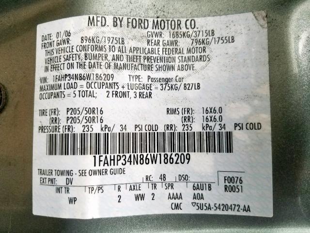 1FAHP34N86W186209 - 2006 FORD FOCUS ZX4 SILVER photo 10