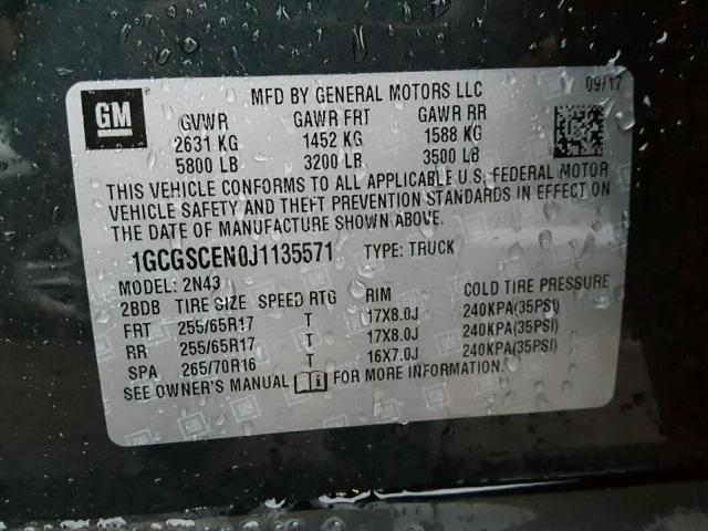 1GCGSCEN0J1135571 - 2018 CHEVROLET COLORADO L GRAY photo 10