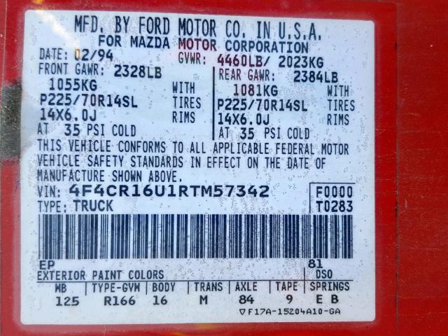 4F4CR16U1RTM57342 - 1994 MAZDA B3000 CAB RED photo 10